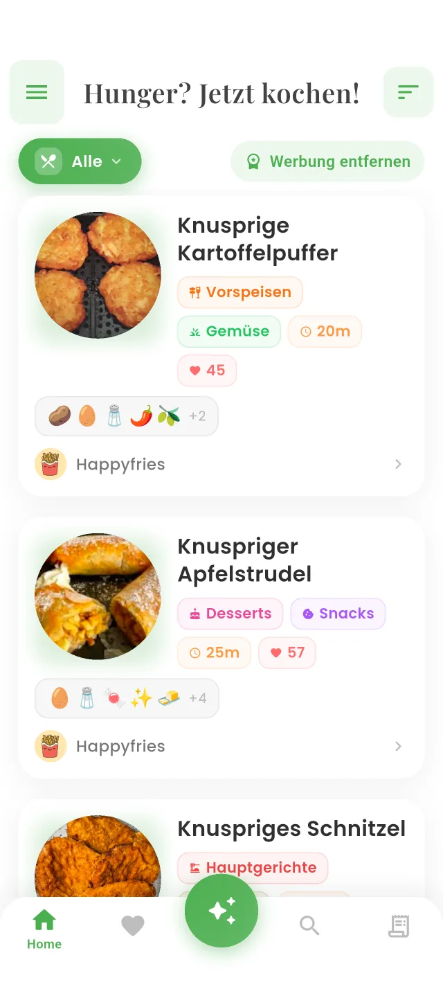 Startbildschirm der App Recipes Airfryer auf Deutsch