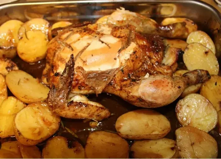Air Fryer Beer-Basted Roast Chicken with Baby Potatoes