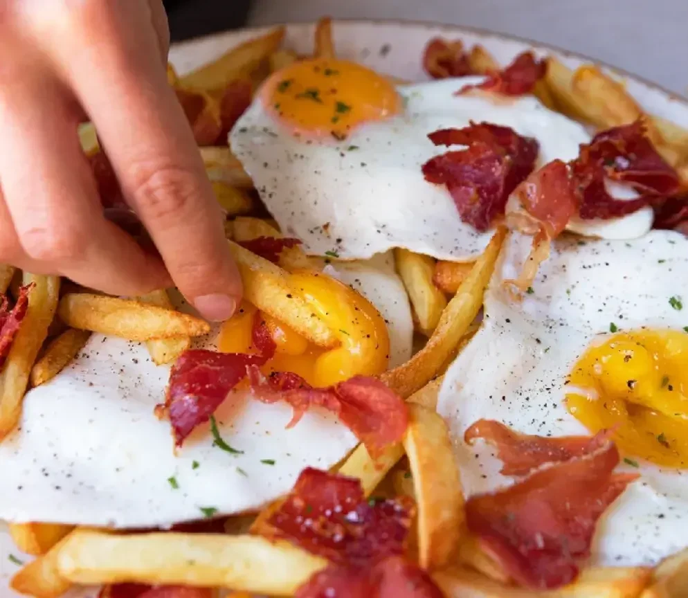 Air Fryer Breakfast Potatoes with Eggs and Serrano Ham